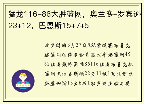 猛龙116-86大胜篮网，奥兰多-罗宾逊23+12，巴恩斯15+7+5
