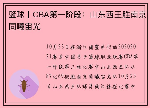 篮球丨CBA第一阶段：山东西王胜南京同曦宙光