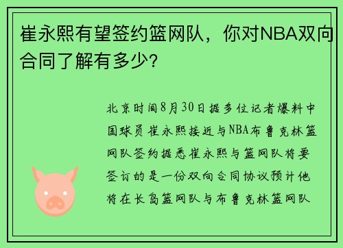 崔永熙有望签约篮网队，你对NBA双向合同了解有多少？